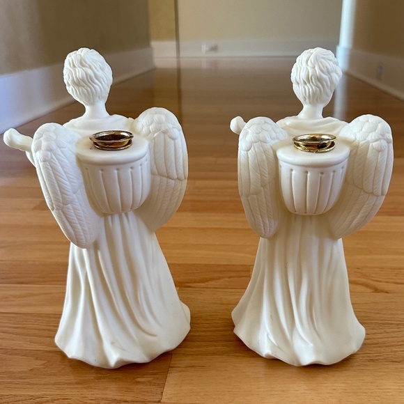 Lillian Vernon Angel Playing Mandolin Lute Candle Holders 10" Pair White #1816 - Picture 2 of 16